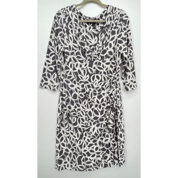 Lauren Ralph Lauren Faux Wrap Dress Size 12 Ruched Floral Abstrast Gray V Neck - Picture 2 of 14